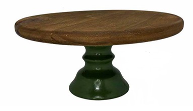 Prato Bolo Madeira 28 X13 H Pé Verde Folha Cerâmica